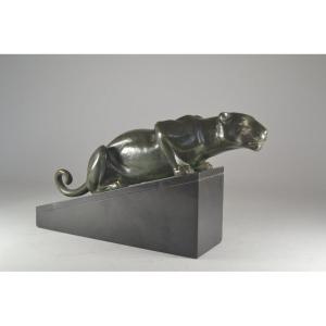 Rare Lucien Alliot Bronze Panther On Marble Base