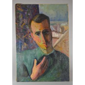 Portrait d'Un Homme, école Cubiste Russe. Huile Sur Toile.