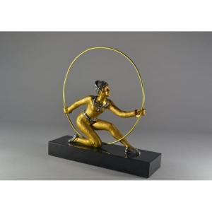 La Danseuse Au Cerceau. Sculpture Art Deco En Bronze Doré. Desirée Grisard