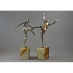 Pierre Le Faguays / Laurel. A Pair Of Art Deco Bronze Dancers On Onyx Base