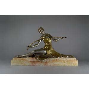 Joe Descomps Large Art Deco Bronze. Lady With Birds