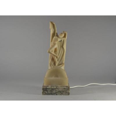 Ruggeri. Sculpture Eclairante En Albatre Danseuse Art Deco