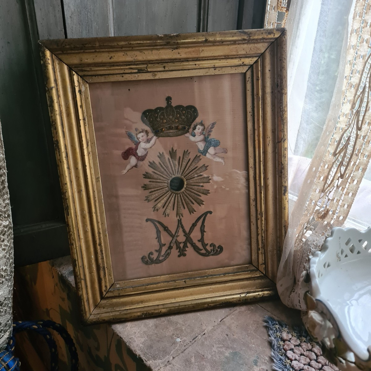 Embroidery With Painting Angels And Antique Frame