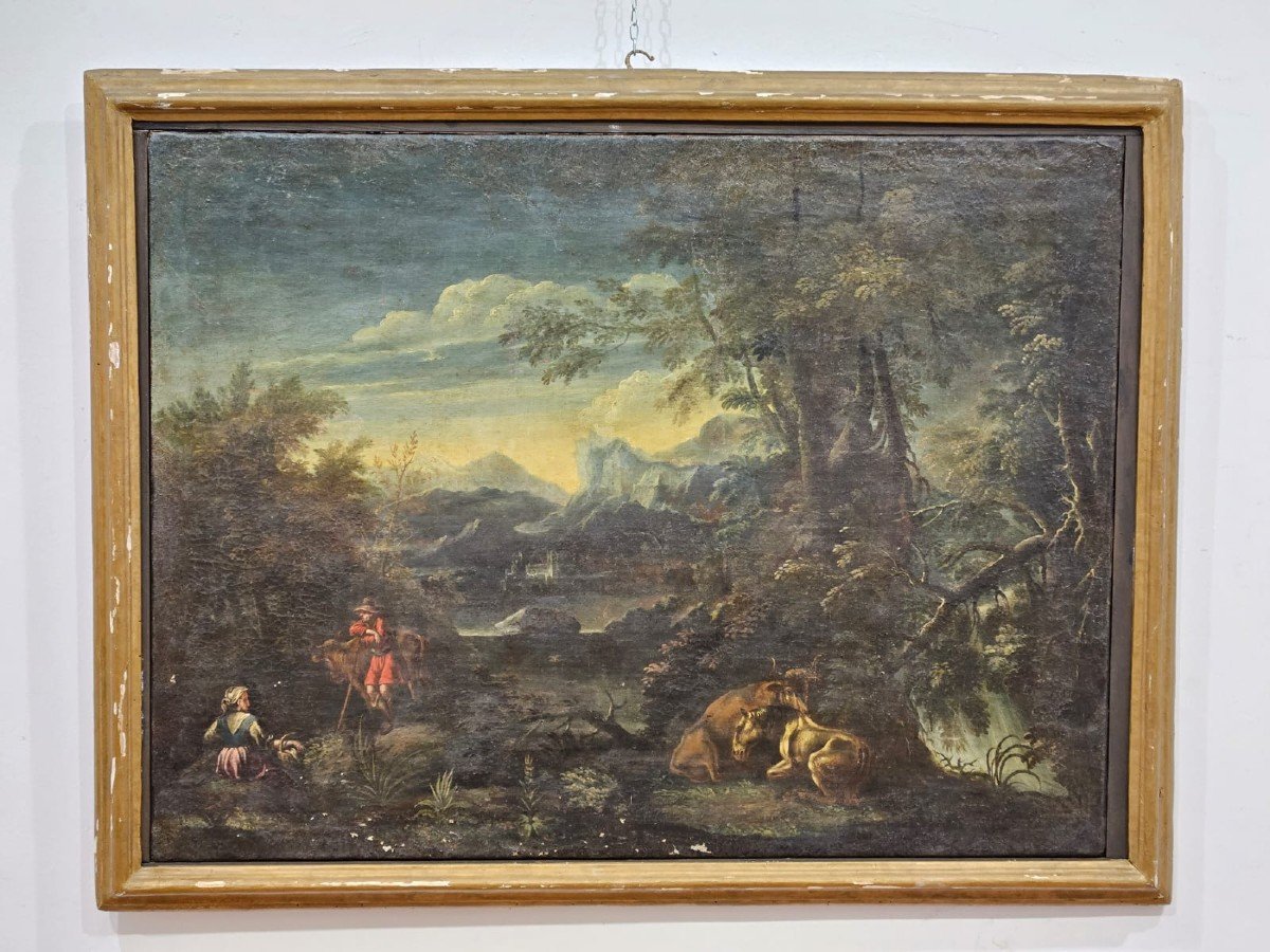 Bucolic Landscape Painting With Frame - 18th Century-photo-5