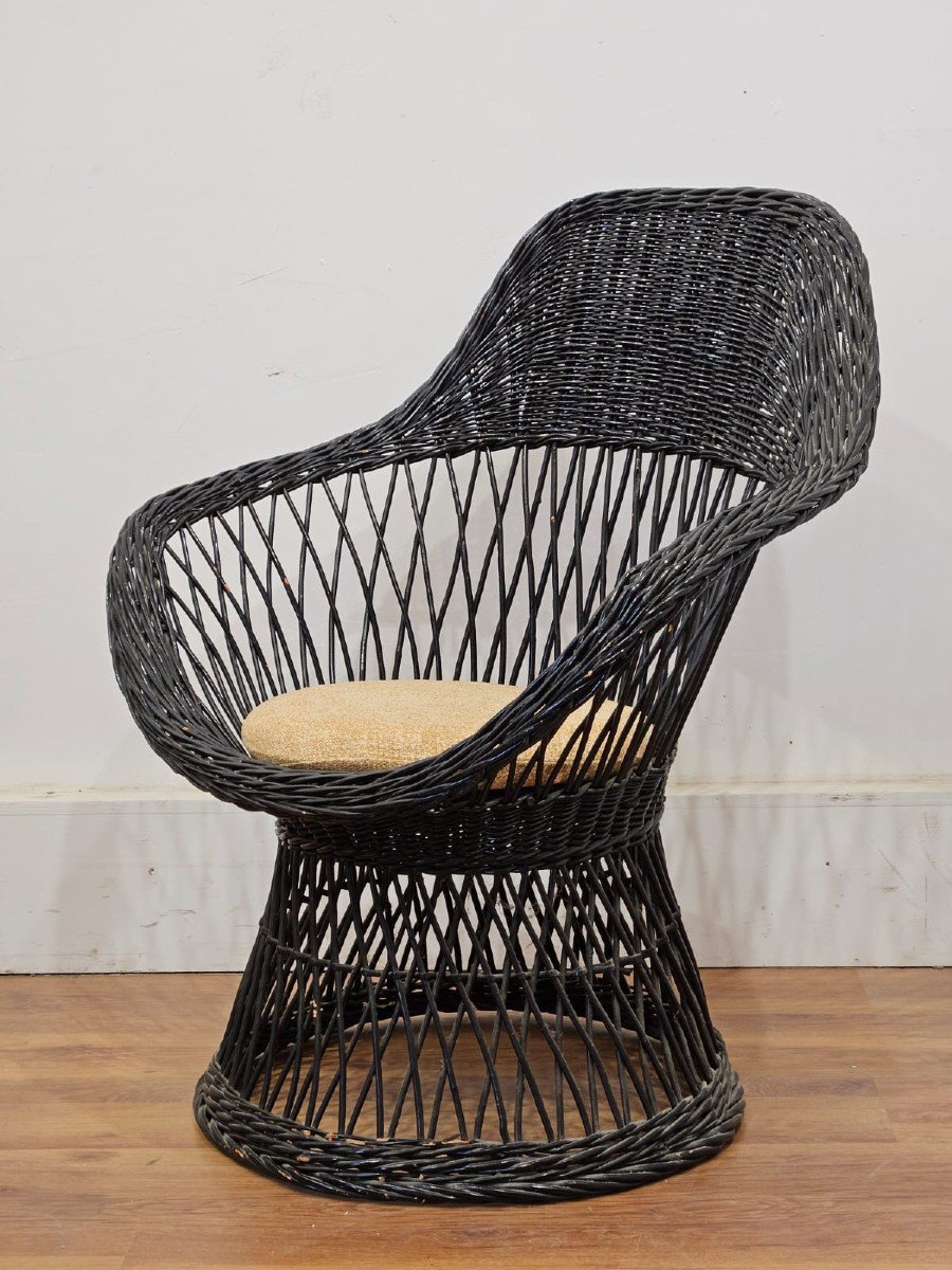 Black Woven Wicker Lounge Set - 1970s-photo-1