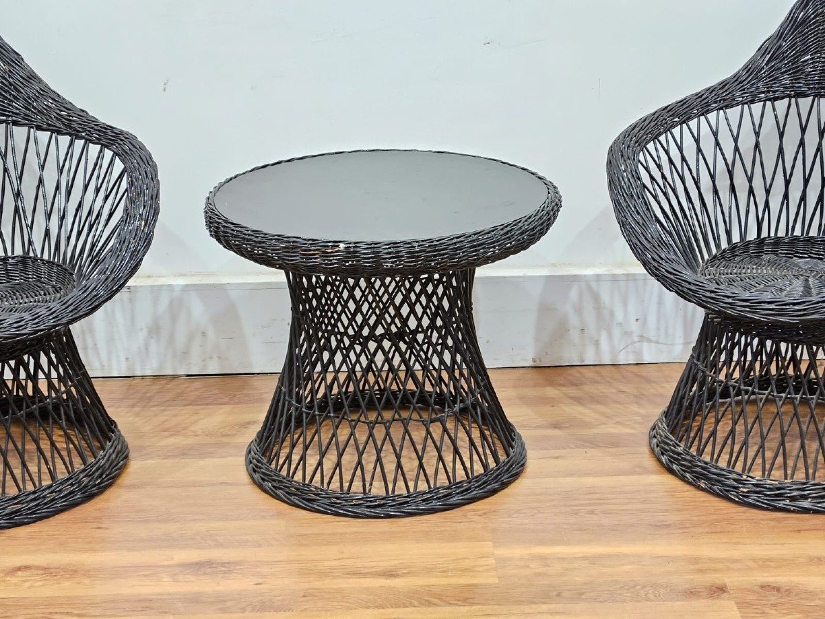 Black Woven Wicker Lounge Set - 1970s-photo-2