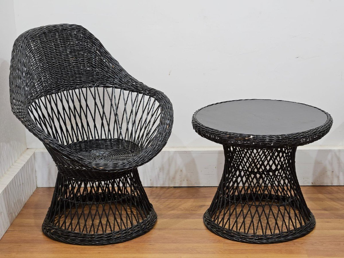 Black Woven Wicker Lounge Set - 1970s-photo-3