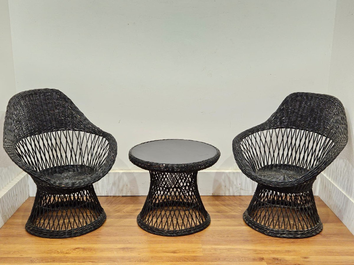 Black Woven Wicker Lounge Set - 1970s-photo-4