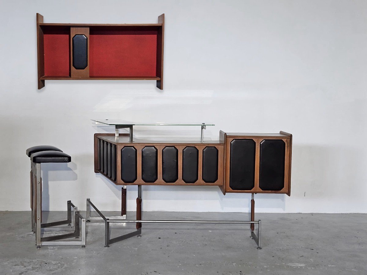 1960s Bar Cabinet With Stools And Shelf Cabinet.