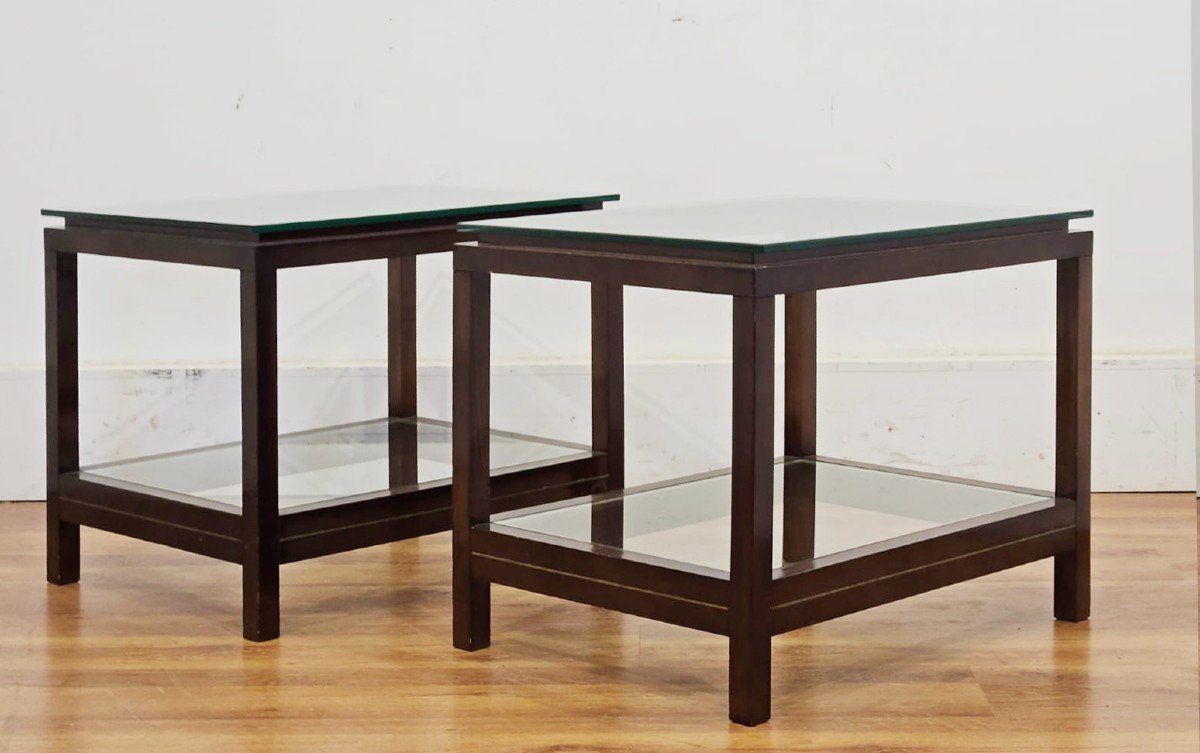 Pair Of Vintage 80s Coffee Tables / Nightstands With Glass Tops-photo-2