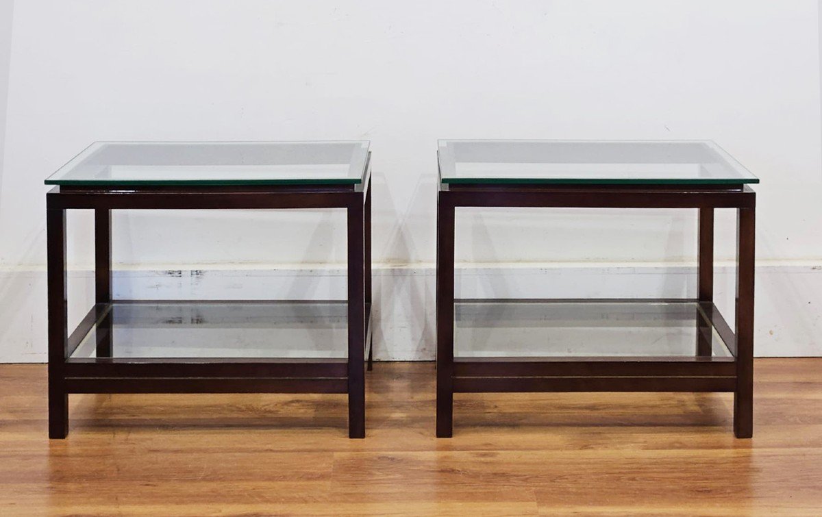 Pair Of Vintage 80s Coffee Tables / Nightstands With Glass Tops-photo-3