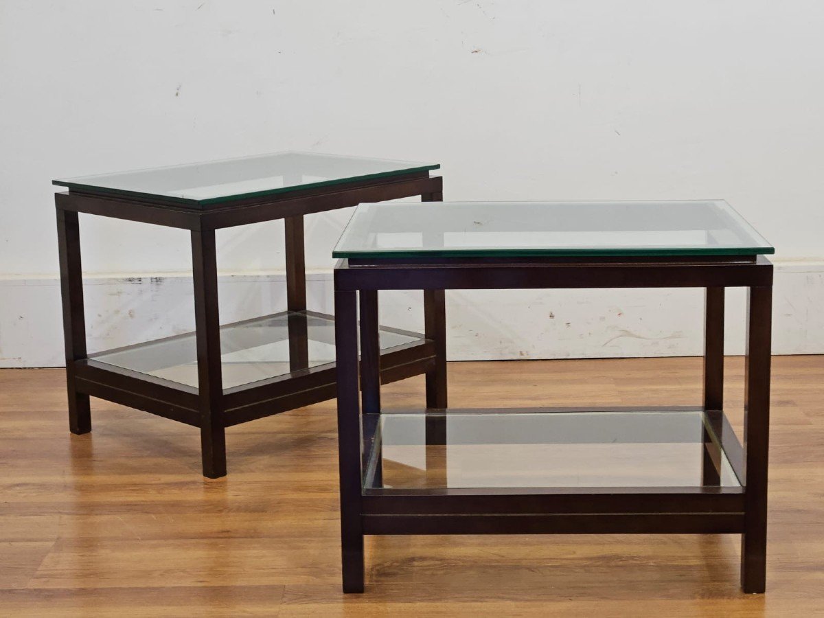 Pair Of Vintage 80s Coffee Tables / Nightstands With Glass Tops