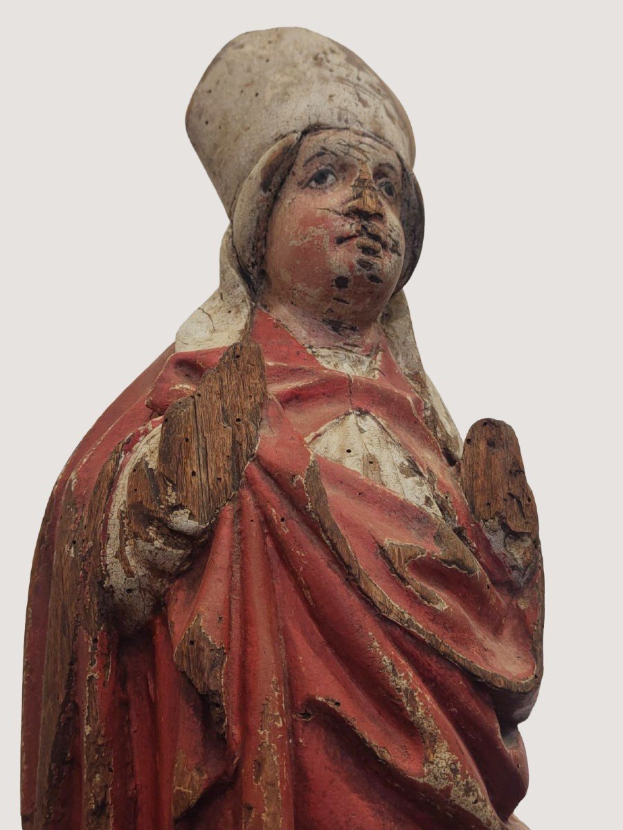 Ancient Lacquered Wooden Statue Depicting A Holy Bishop - 16th Century.-photo-2