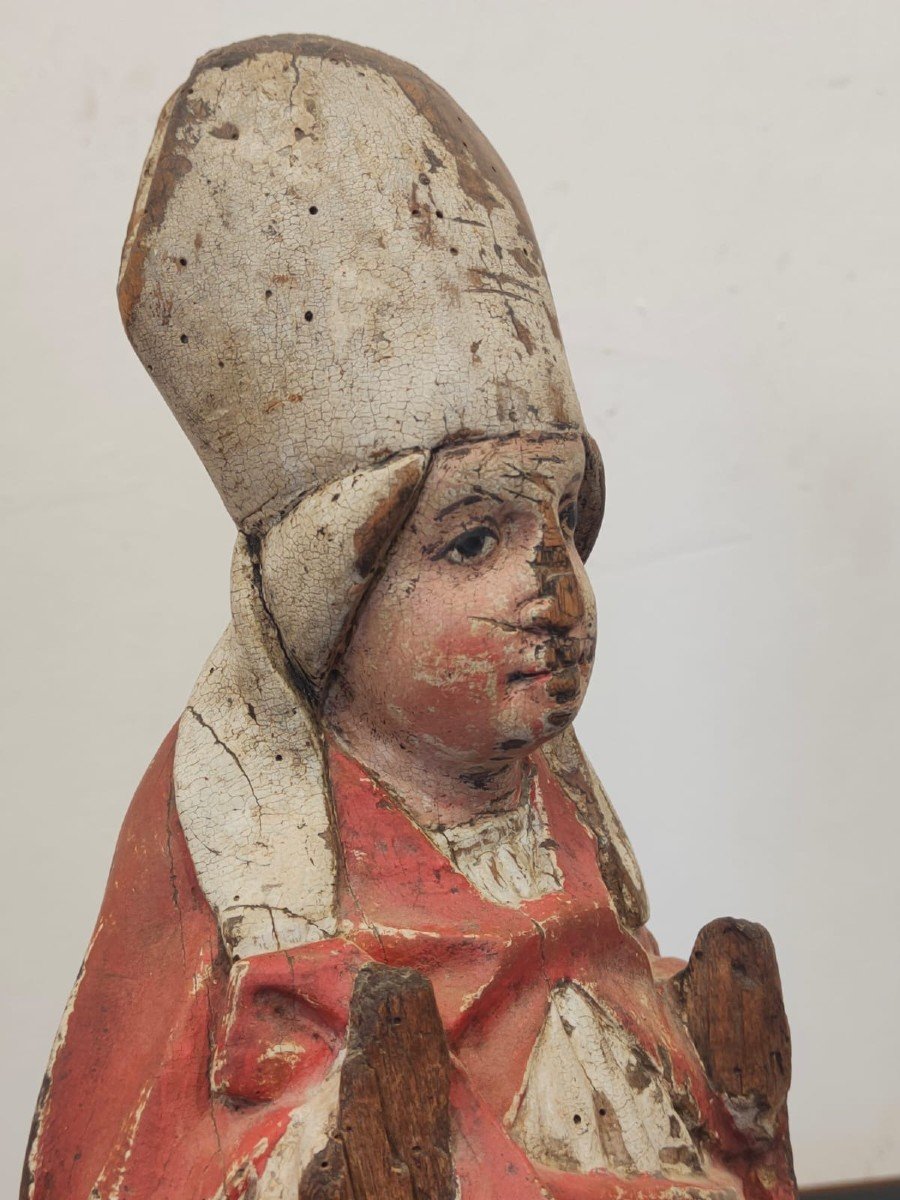 Ancient Lacquered Wooden Statue Depicting A Holy Bishop - 16th Century.-photo-3