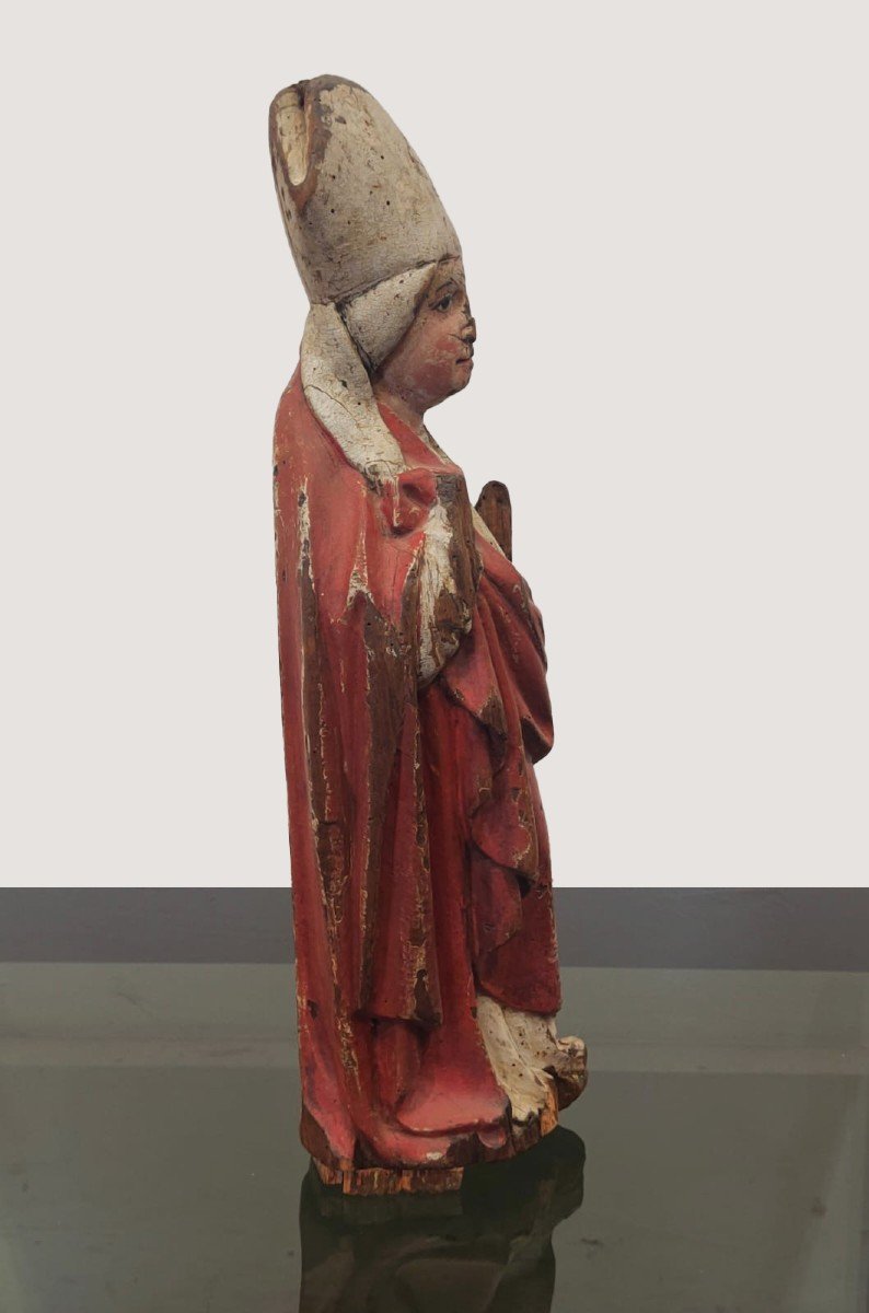 Ancient Lacquered Wooden Statue Depicting A Holy Bishop - 16th Century.-photo-2