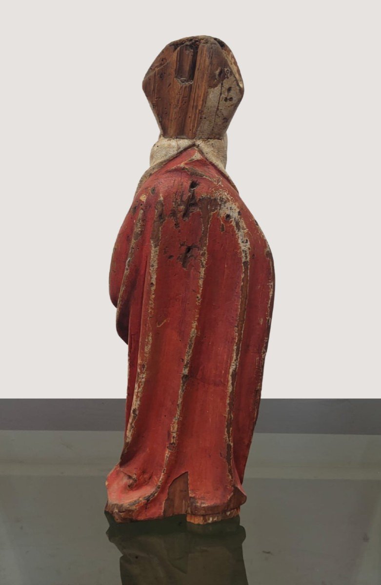 Ancient Lacquered Wooden Statue Depicting A Holy Bishop - 16th Century.-photo-3