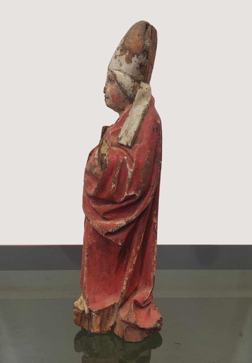 Ancient Lacquered Wooden Statue Depicting A Holy Bishop - 16th Century.-photo-4