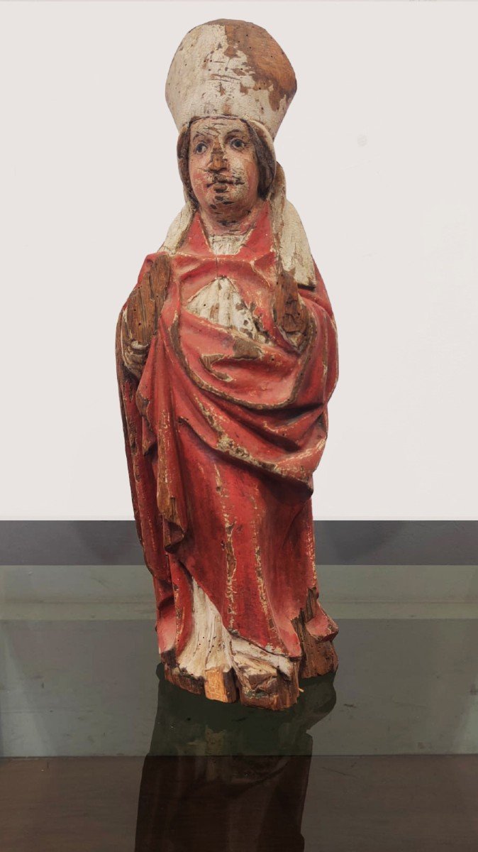 Ancient Lacquered Wooden Statue Depicting A Holy Bishop - 16th Century.