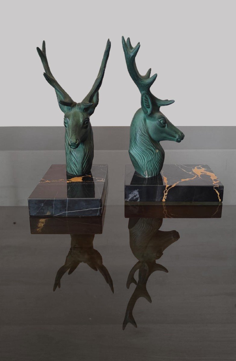 Pair Of Bookends Depicting Deer On A Marble Base - Circa 1930.-photo-2