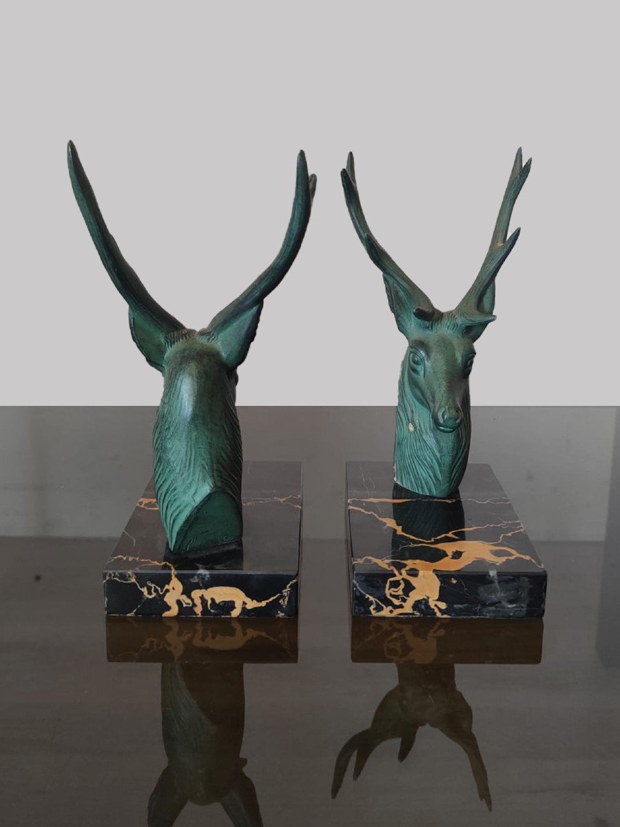 Pair Of Bookends Depicting Deer On A Marble Base - Circa 1930.-photo-3