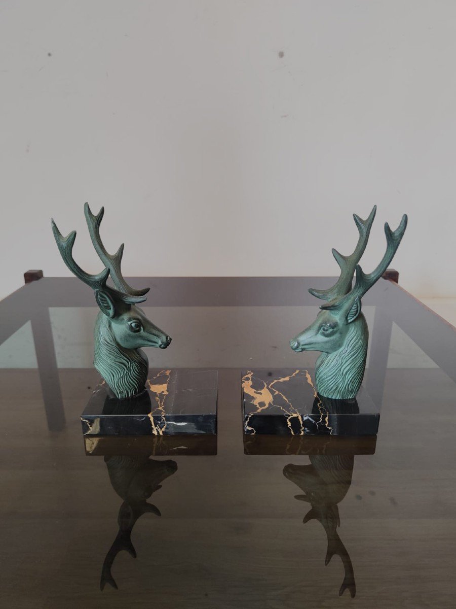 Pair Of Bookends Depicting Deer On A Marble Base - Circa 1930.-photo-2