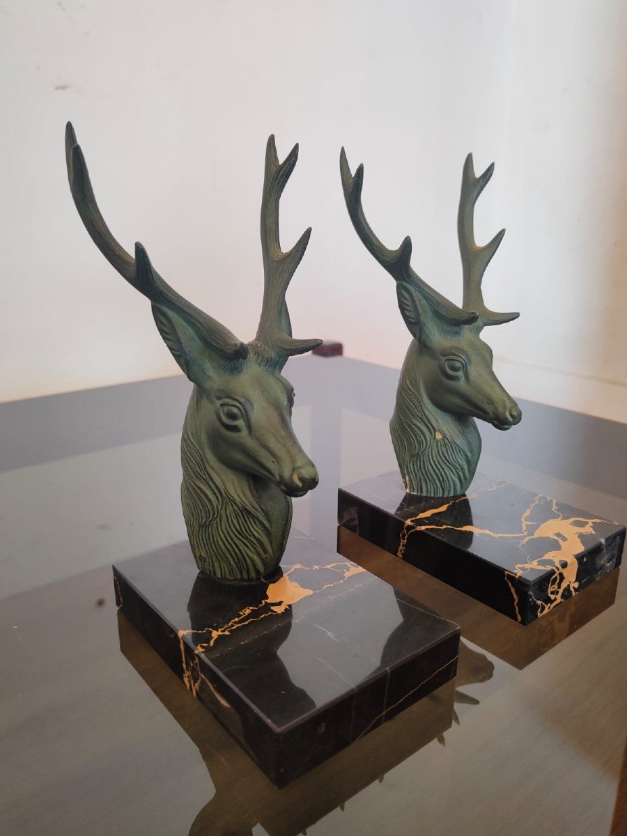 Pair Of Bookends Depicting Deer On A Marble Base - Circa 1930.-photo-4