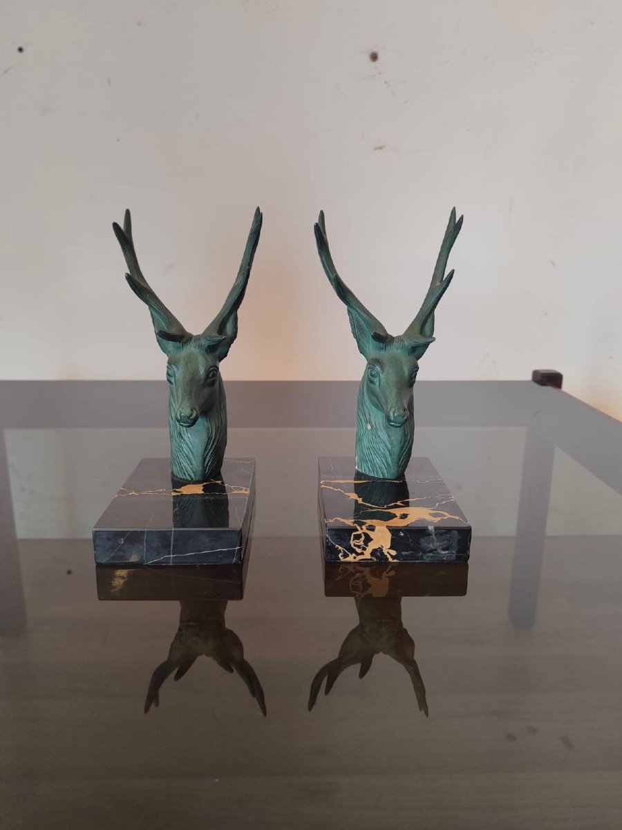 Pair Of Bookends Depicting Deer On A Marble Base - Circa 1930.-photo-6