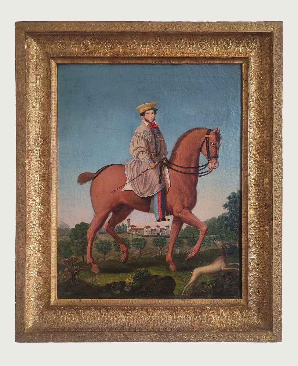 Peinture d'Un Noble à Cheval Avec Cadre - Début Du XIXe Siècle.