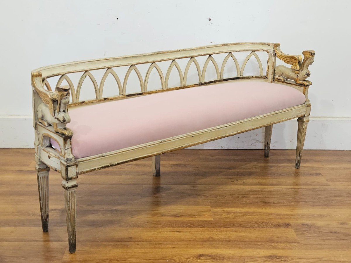 Carved And Lacquered Wooden Sofa With Golden Profiles - Early 19th Century.-photo-2