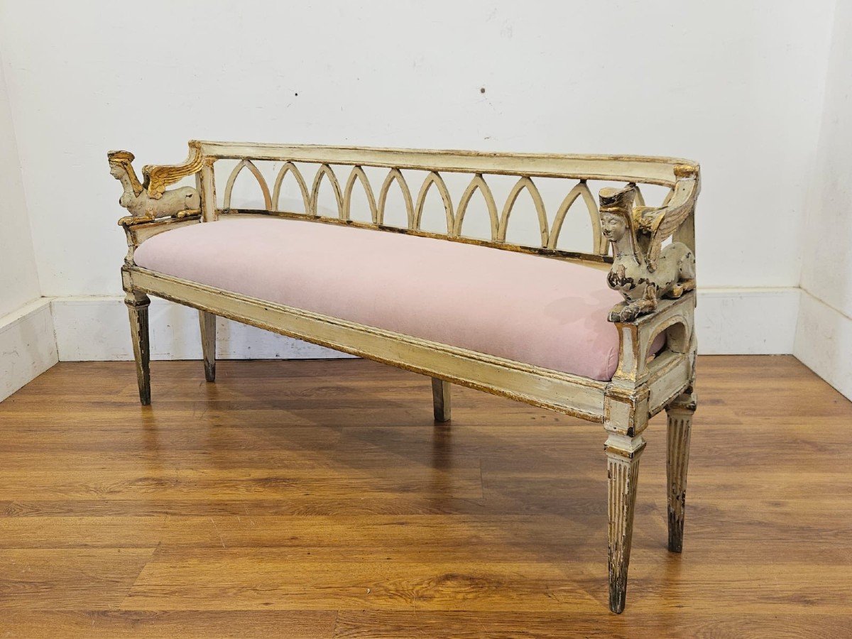 Carved And Lacquered Wooden Sofa With Golden Profiles - Early 19th Century.-photo-3