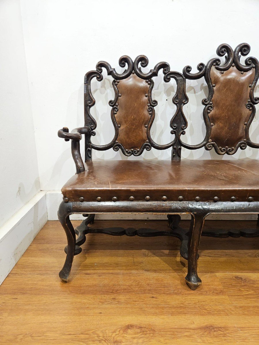 Wooden Sofa With Leather Seat - 18th Century-photo-4