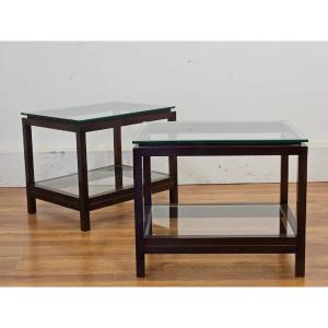 Pair Of Vintage 80s Coffee Tables / Nightstands With Glass Tops