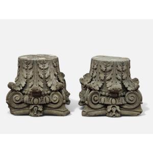 Pair Of Neoclassical Limestone Capitals - 19th Century