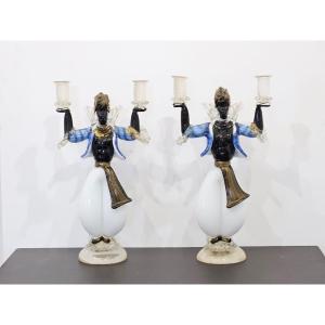 Pair Of Two-armed Blown Glass Candlesticks - 1960