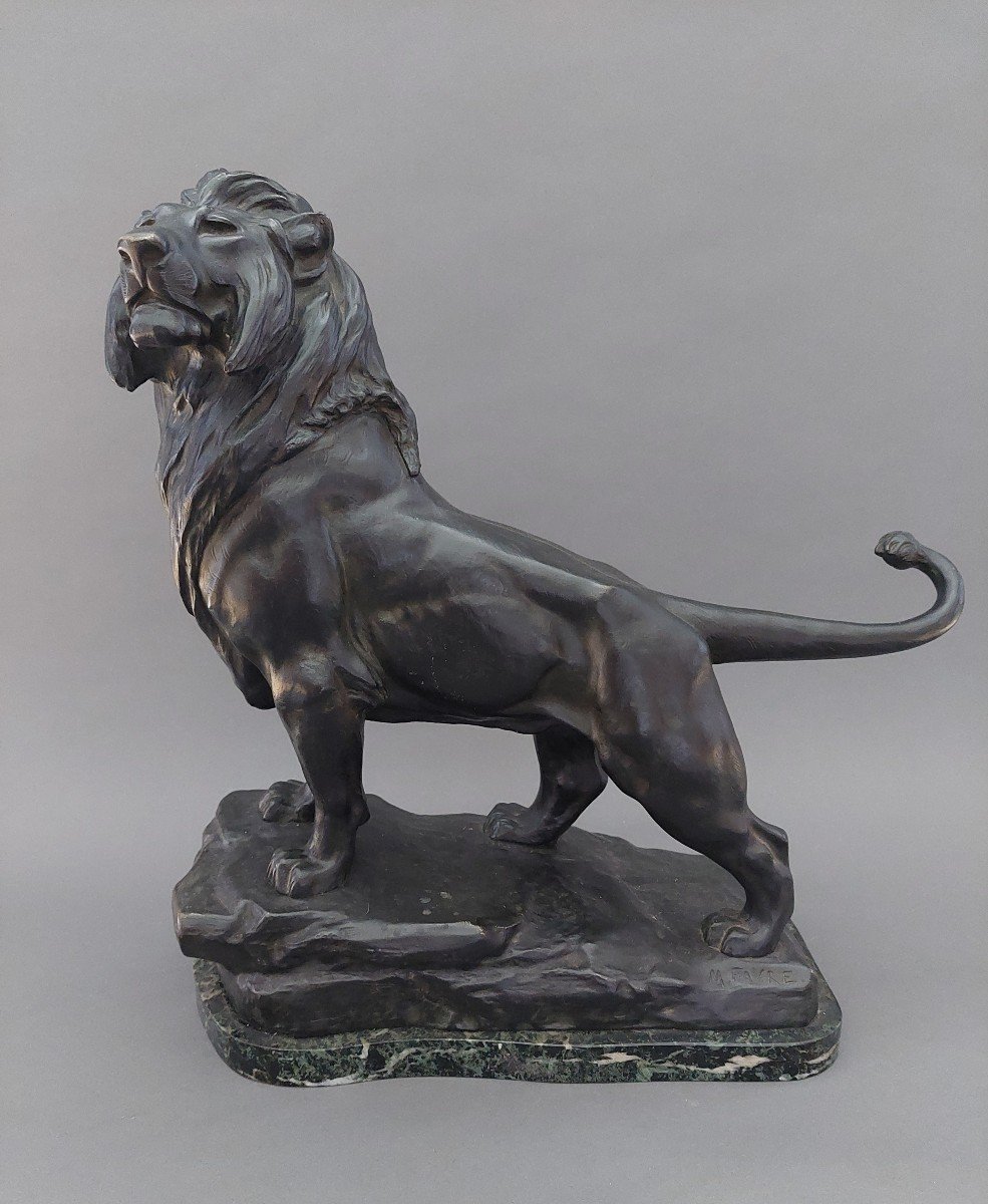 Bronze Lion Sculpture By Maurice Favre. 20th Century.