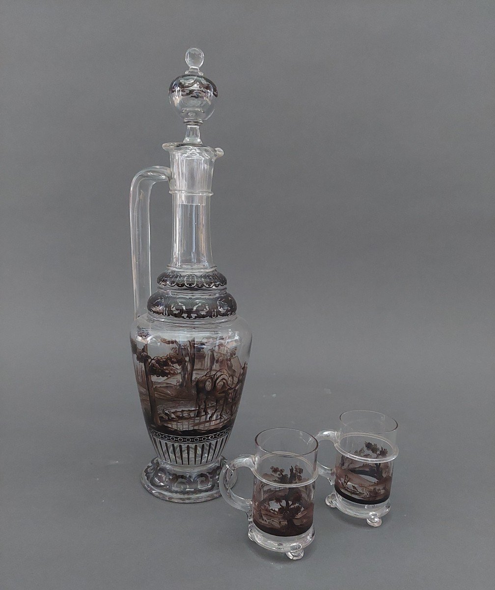 Glass, Painting. Carafe And Two Bonnets. 19th Century Vienna.