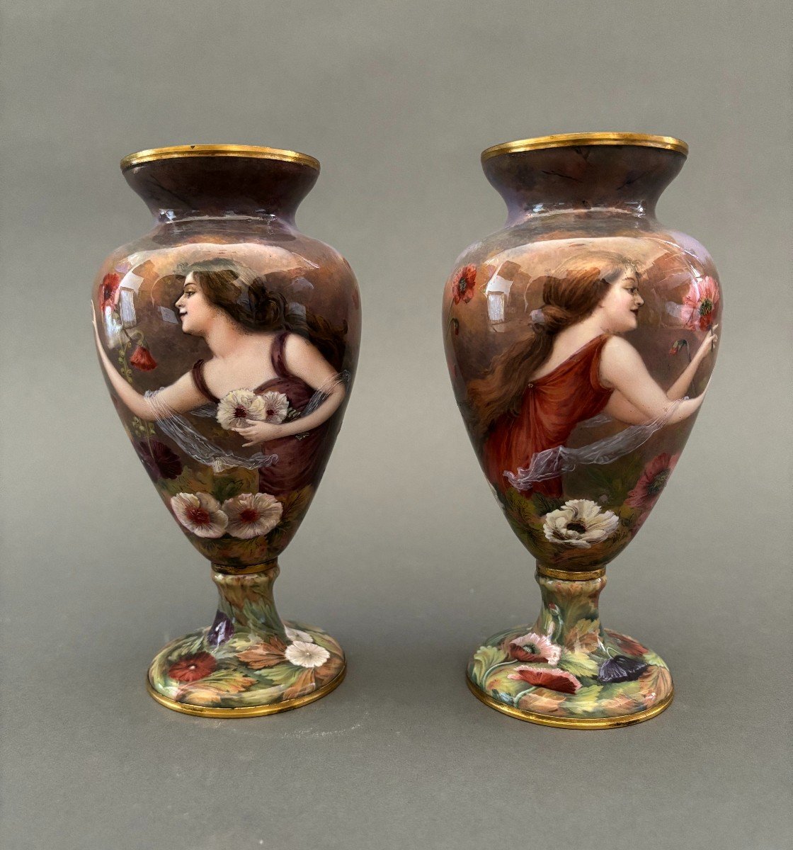 Art Nouveau Style Vases. 19th Century Enamel.