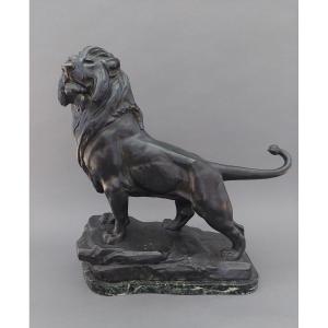 Bronze Lion Sculpture By Maurice Favre. 20th Century.