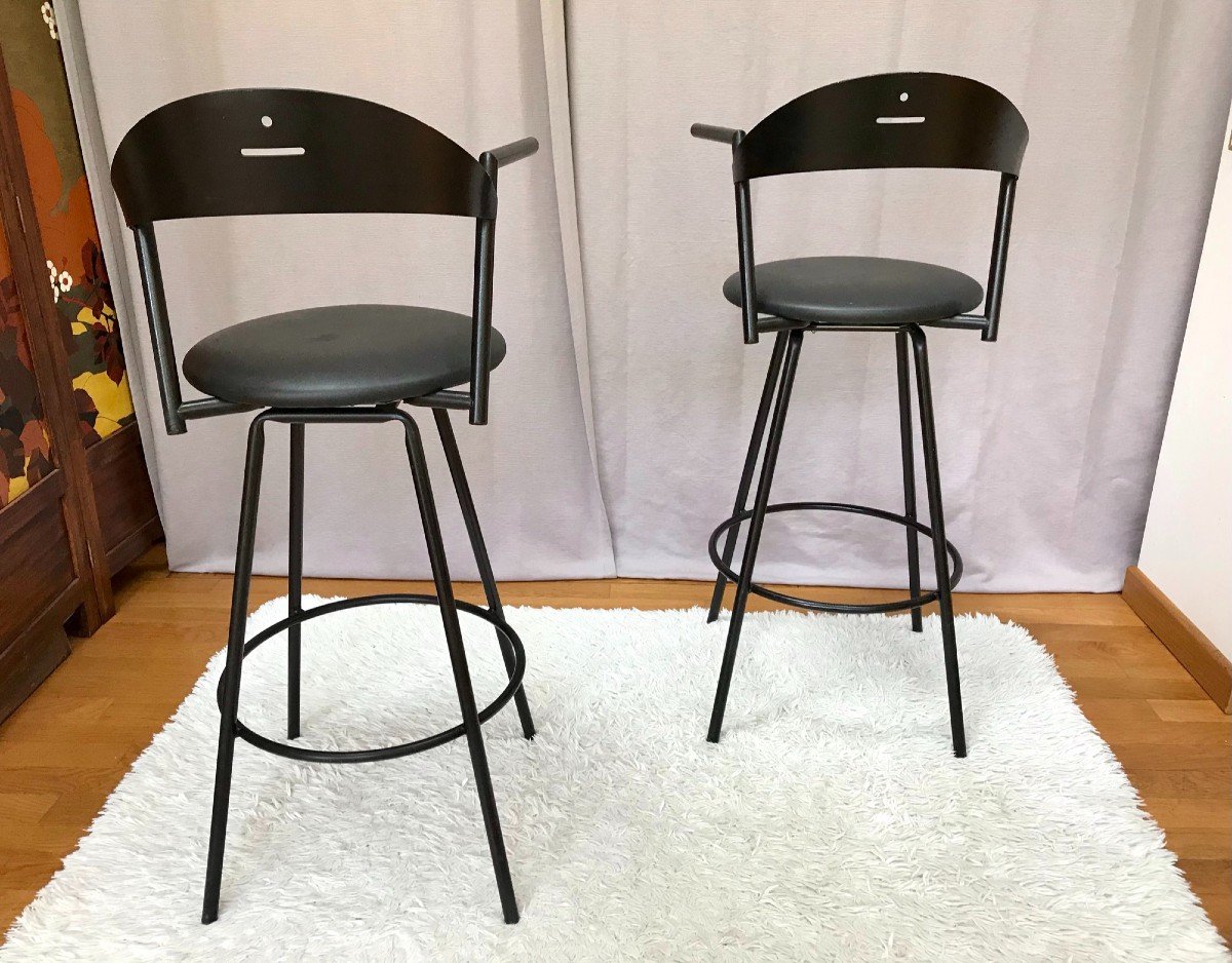 Pair Of Designer Swivel Stools/high Chairs, Fly Line, 1980s-photo-3