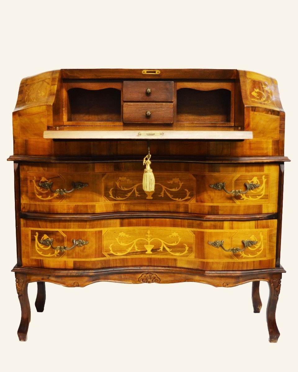 Baroque Style Walnut Secretary Chest Of Drawers With Hidden Desk – Limoncillo Marquetry-photo-2