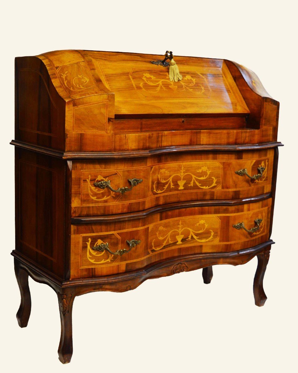 Baroque Style Walnut Secretary Chest Of Drawers With Hidden Desk – Limoncillo Marquetry-photo-3