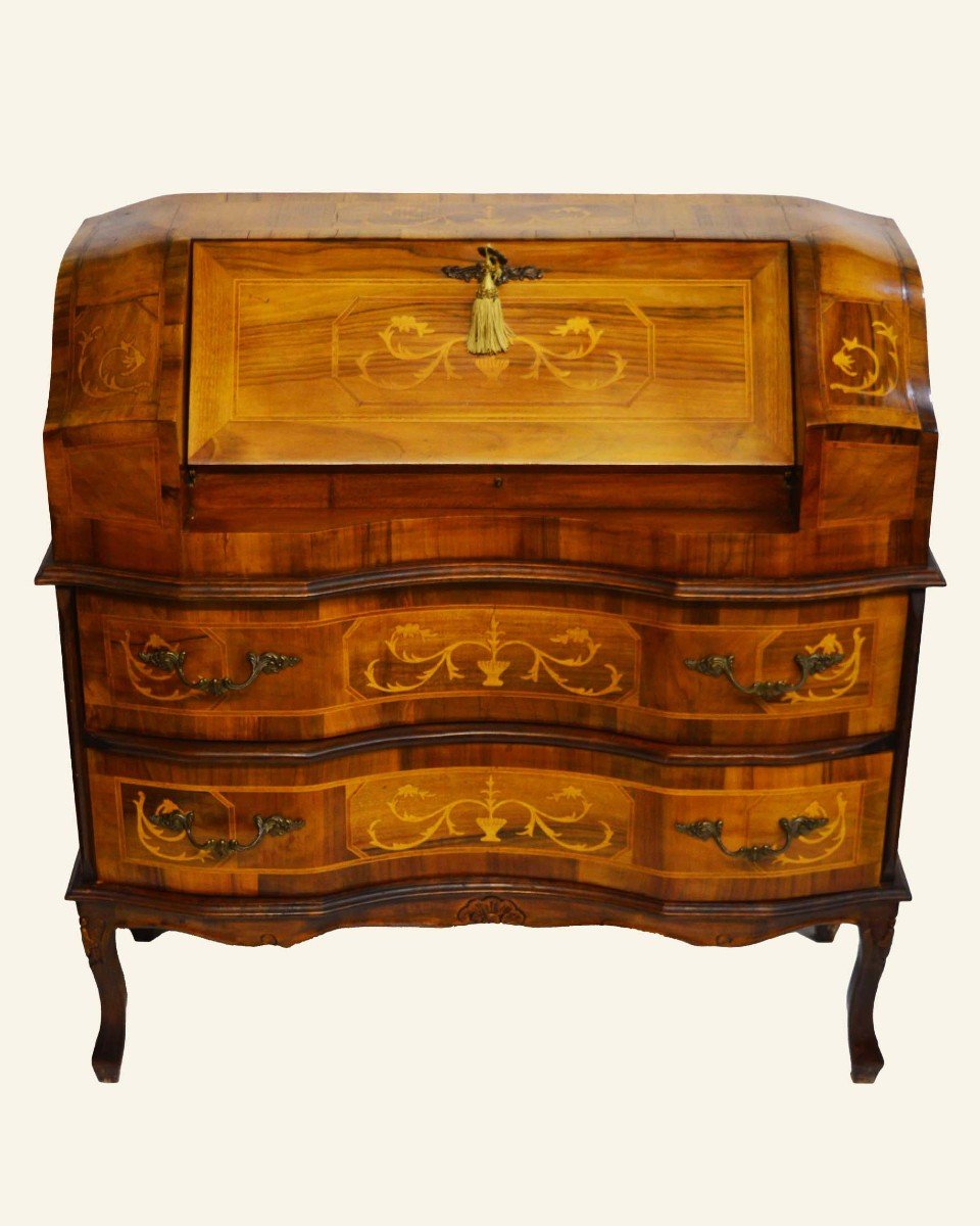 Baroque Style Walnut Secretary Chest Of Drawers With Hidden Desk – Limoncillo Marquetry-photo-1