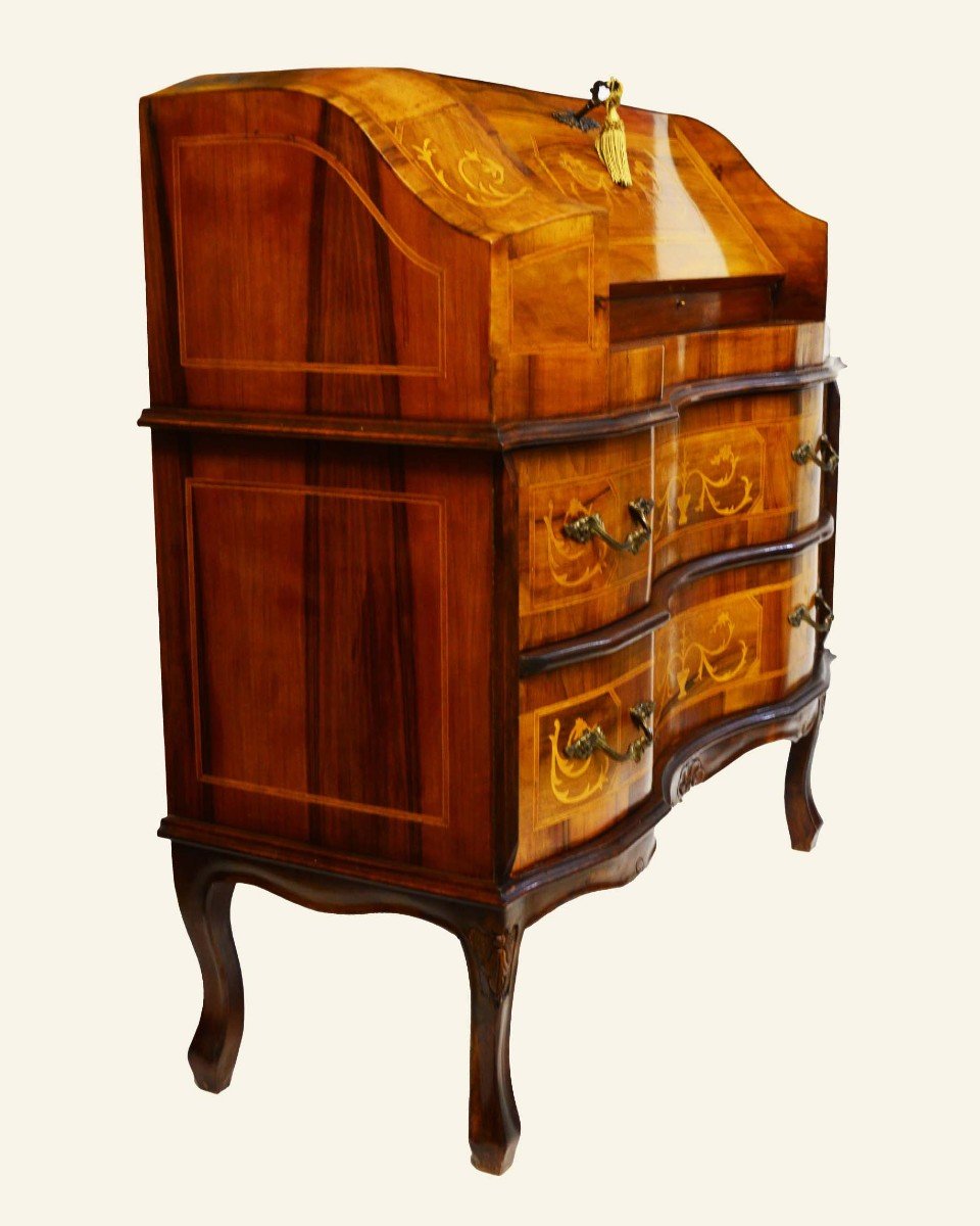 Baroque Style Walnut Secretary Chest Of Drawers With Hidden Desk – Limoncillo Marquetry-photo-6