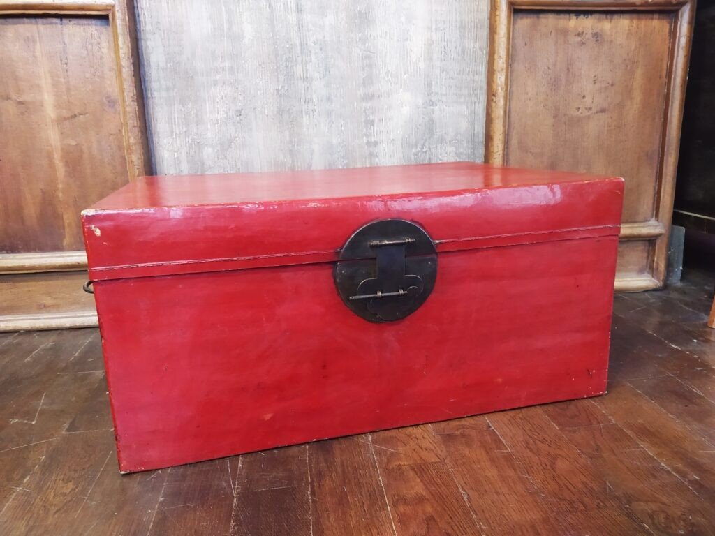 Antique Chinese Red Lacquered Leather Trunk