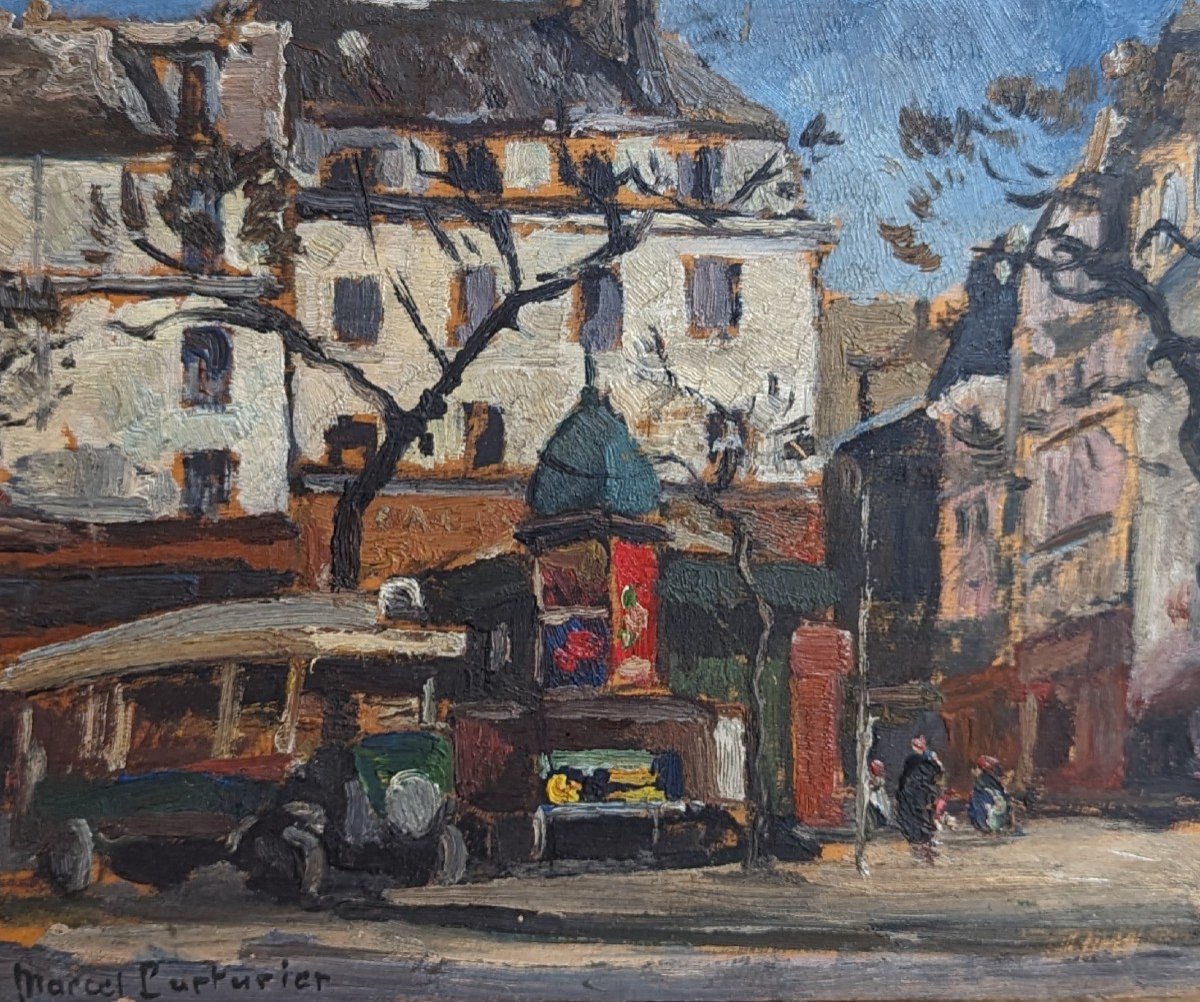 Kiosque Et Bus, Quartier Montparnasse à Paris, Par Marcel Parturier, Tableau Début XXe