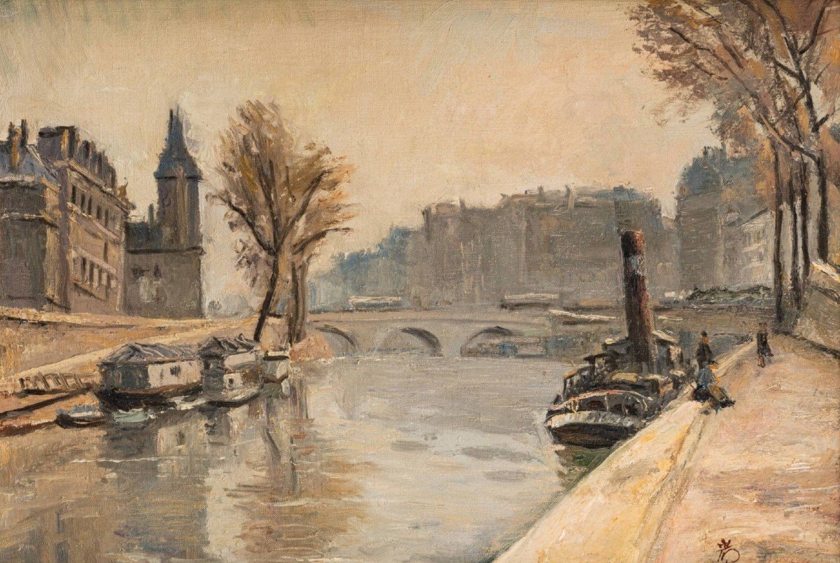 Paris, Bateau Lavoir Près De La Tour De l'Horloge Par Iwoa Haguinoya, Huile Sur Toile Vers 1930