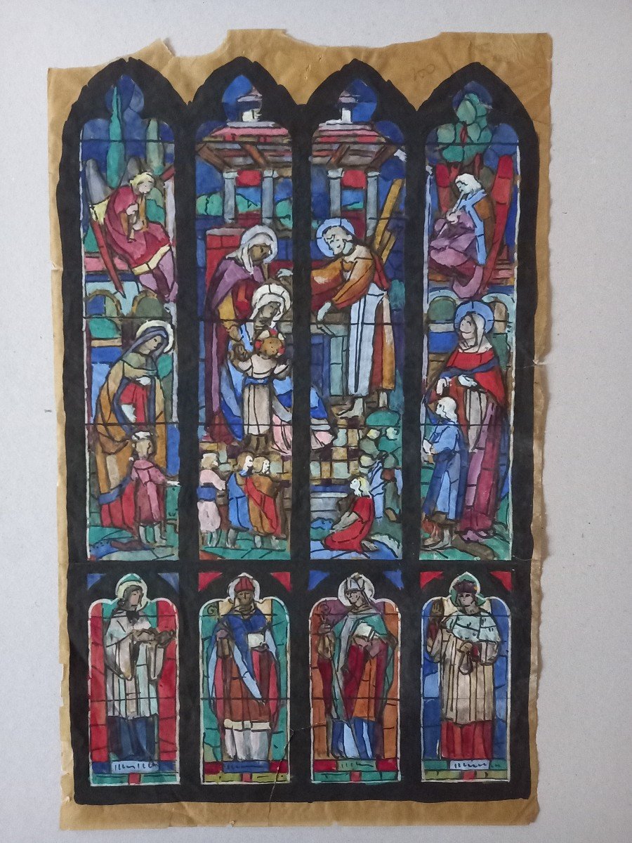 Stained Glass Model For Louis Balmet (1879-1963), Master Glassmaker From Grenoble.