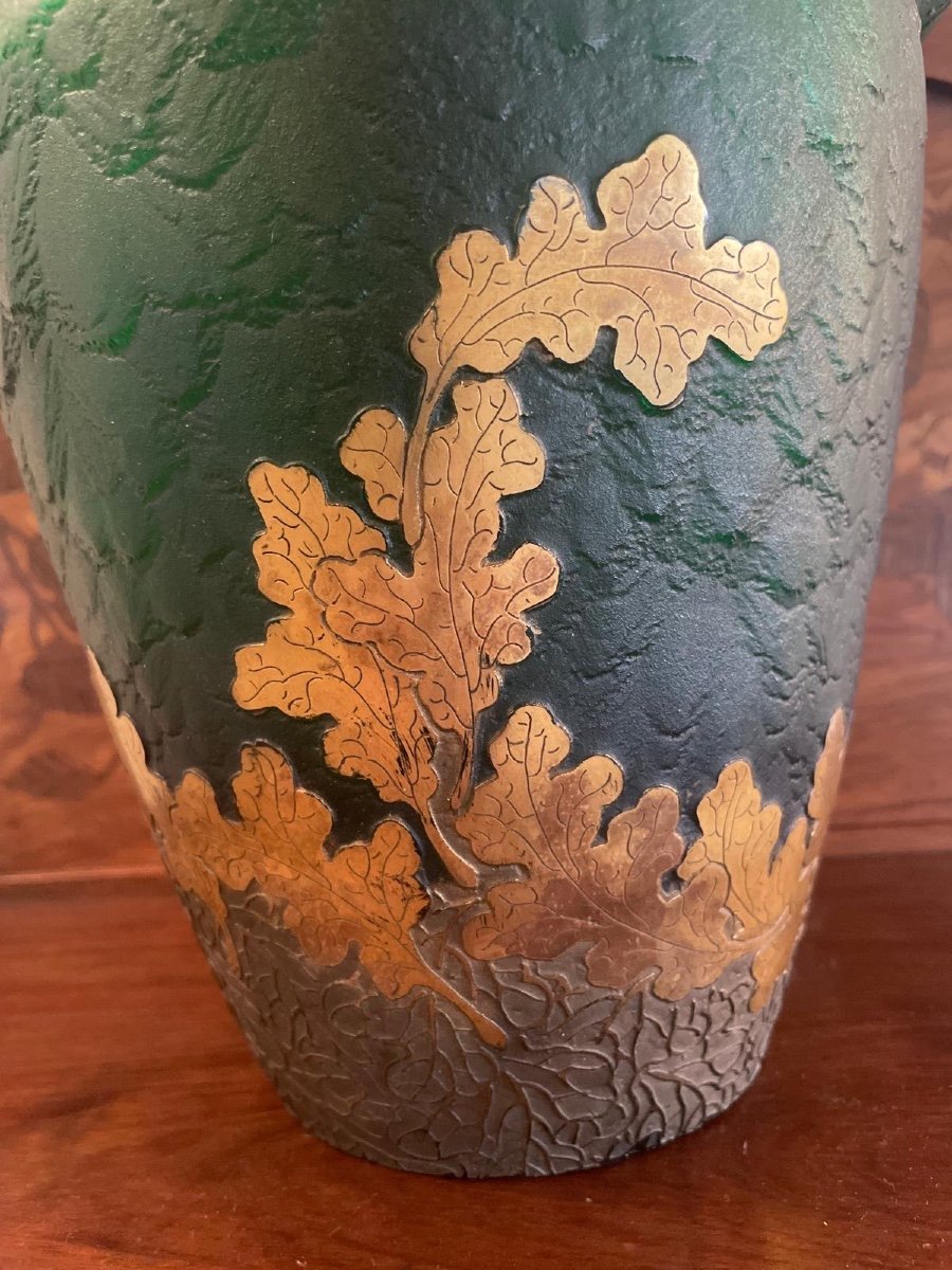 Vase Signé Montjoye En Verre Givré Vert,déco De Glands Argenté, Et Feuilles Dorées -photo-2