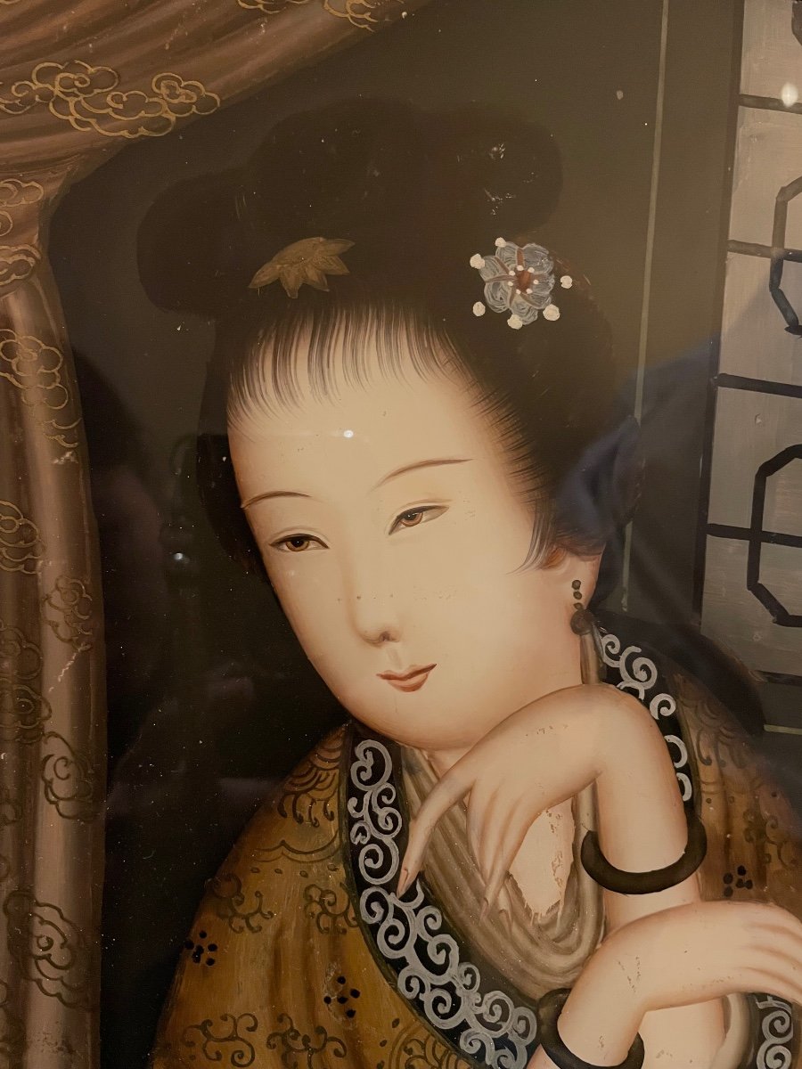 Magnifique Peinture Chinoise  Fixé Sous Verre -photo-2