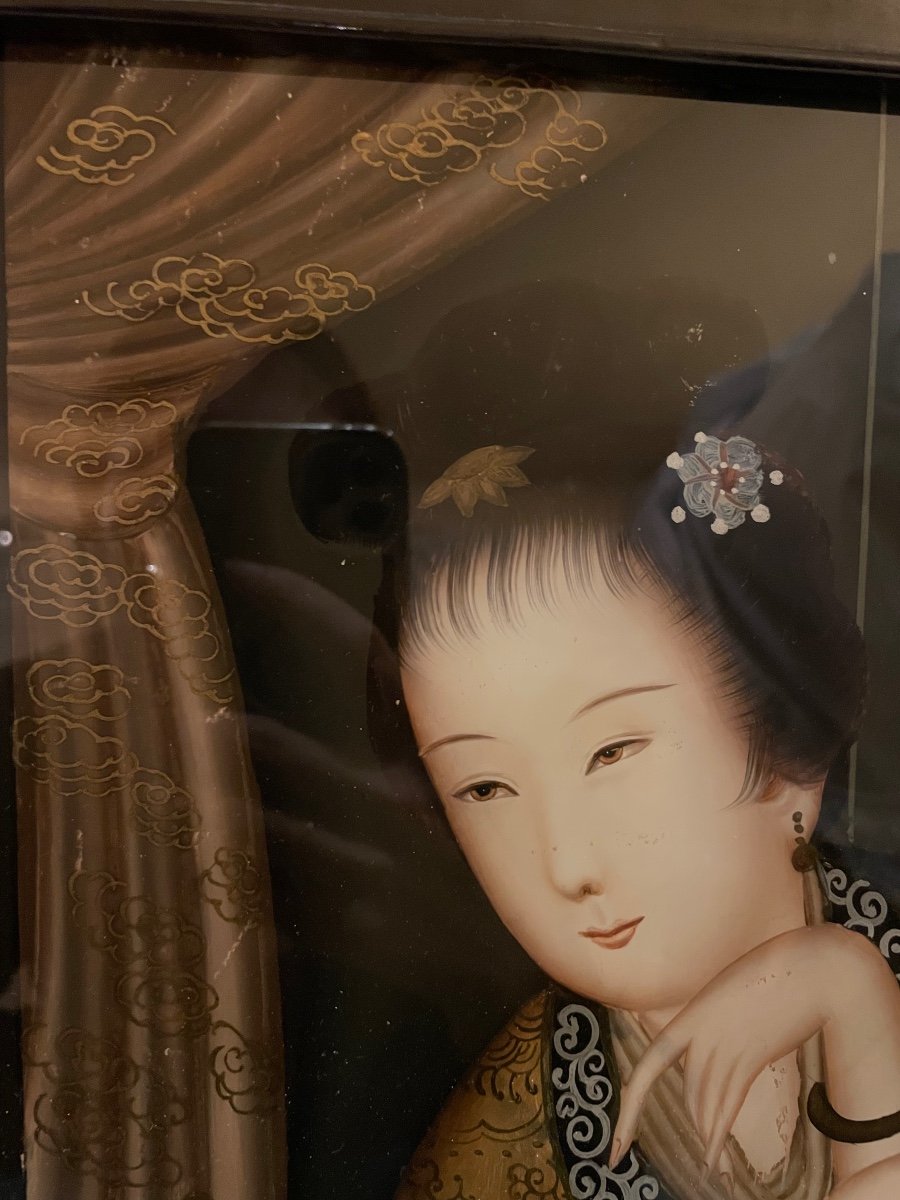 Magnifique Peinture Chinoise  Fixé Sous Verre -photo-2